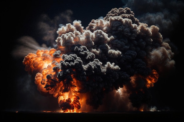 Grande explosion de fumée et de feu sur fond noir