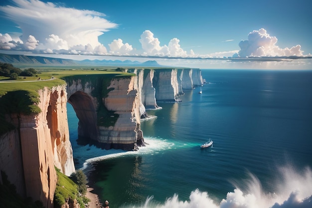 Une grande falaise avec un bateau dans l'eau