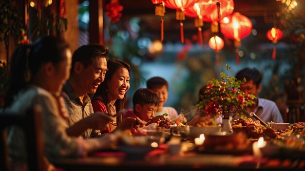 Grande famille asiatique au dîner avec bonheur et joie célébrant chinse nouvelle année et lanterne rouge accrocher