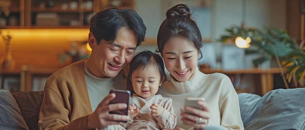 Une grande famille asiatique chaleureuse passe le week-end dans leur confortable salon en utilisant un téléphone portable pour faire des appels vidéo de groupe