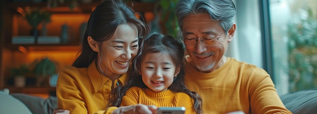 Une grande famille asiatique chaleureuse passe le week-end dans leur confortable salon en utilisant un téléphone portable pour faire des appels vidéo de groupe