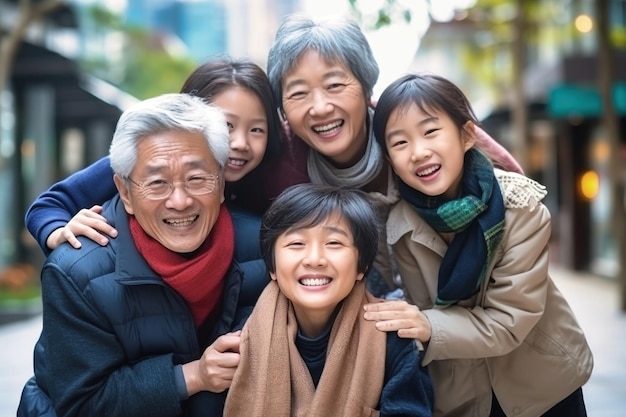 Grande famille asiatique ensemble Photo de famille d'enfants et de personnes âgées joyeux Les enfants et petits-enfants rendent visite à des parents âgés Traditions familiales Famille amicale