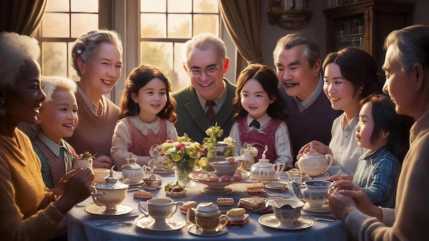 Une grande famille heureuse à prendre le thé.