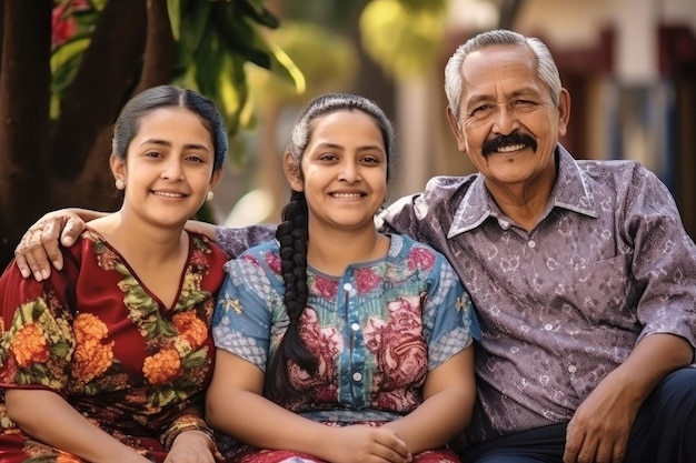 Grande famille mexicaine ensemble Photo de famille de personnes âgées joyeuses, enfants et petits-enfants Les enfants et petits-enfants rendent visite à des parents âgés Traditions et valeurs familiales Prendre soin des personnes âgées