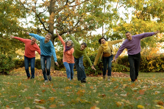 Grande famille s'amusant ensemble dans un parc automnal