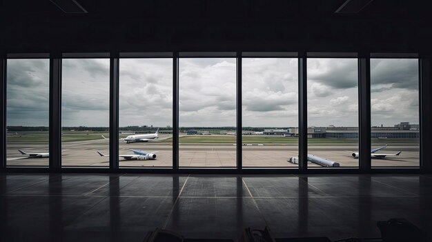 Une grande fenêtre dans une pièce sombre avec vue sur un avion et un avion sur la piste.