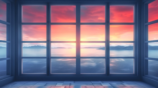 Grande fenêtre donnant sur la mer au coucher du soleil générative ai