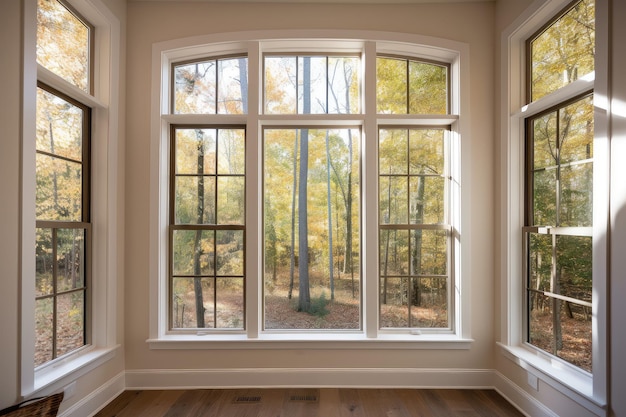 Grande fenêtre avec vue sur le boisé et porche du chalet visible