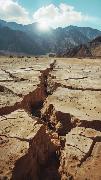 Une grande fissure terrestre avec des montagnes et un ciel bleu