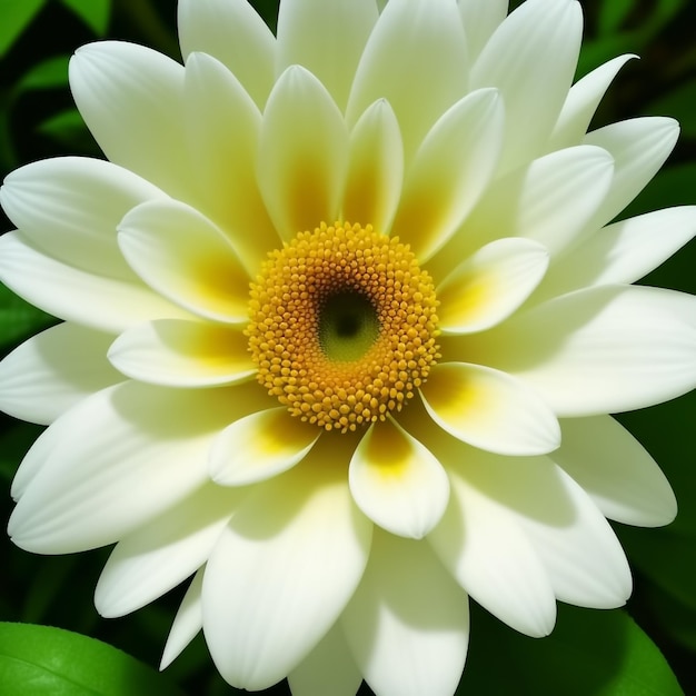 Grande fleur aux pétales blancs et au centre jaune sur des feuilles vertes AI générative