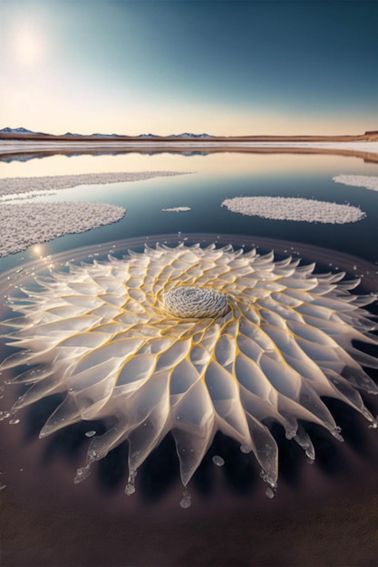 Grande fleur blanche au milieu d'un plan d'eau ai génératif