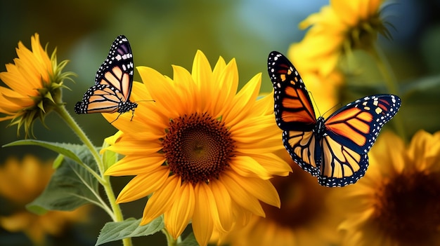 une grande fleur jaune avec des papillons sur elle et un fond de ciel bleu