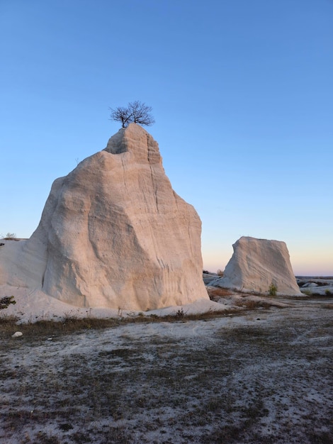 Une grande formation rocheuse blanche avec un arbre au sommet