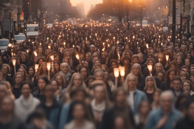 une grande foule de gens défilent au coucher du soleil aux chandelles pour les droits des femmes de paix coucher de soleil dans la ville