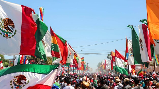 Une grande foule de gens marchent dans une rue agitant des drapeaux de nombreux pays différents