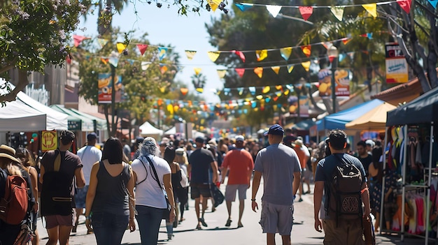 Une grande foule de gens marchent dans une rue bordée de magasins et de restaurants.