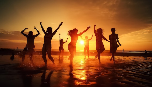 Grande foule de gens s'amusant sur la plage au coucher du soleil