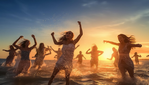 Grande foule de gens s'amusant sur la plage au coucher du soleil