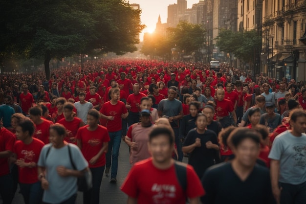 Photo une grande foule de militants portant des t-shirts rouges et roses marche en paix pour les droits des femmes coucher de soleil dans la ville