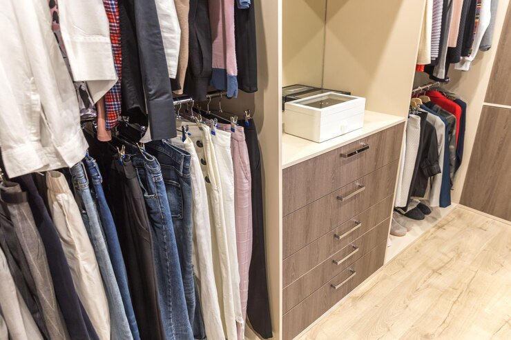 Photo grande garde-robe avec différents vêtements pour le vestiaire