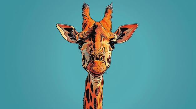 Une grande girafe avec un long cou et de grandes oreilles regarde la caméra avec une expression curieuse La girafe se tient devant un fond bleu