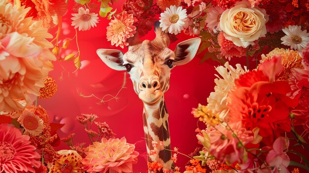 Une grande girafe se tient dans un champ de fleurs rouges. La girafe regarde la caméra.