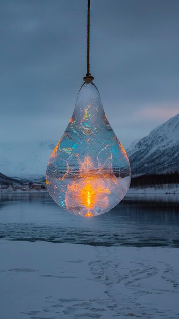 Photo une grande goutte d'eau suspendue au-dessus du lac blanc reflétait une lumière colorée un paysage sacré