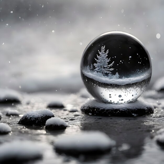 grande goutte sur la neige avec le reflet des arbres d'hiver