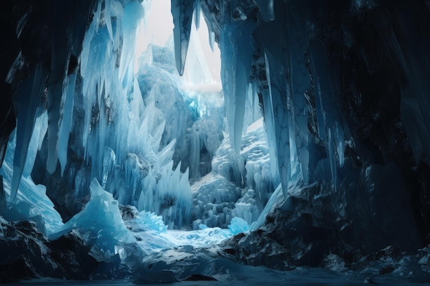 Une grande grotte de glace remplie de beaucoup d'IA génératrice de glace