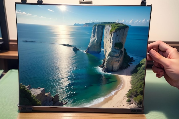 Photo une grande image d'une falaise sur une table avec une table verte devant.