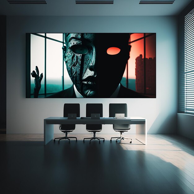 Une grande image sur un mur avec un homme masqué.