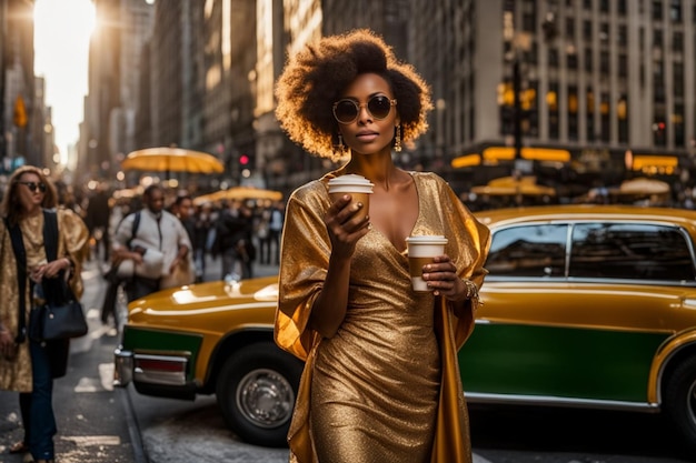 Une grande jeune femme en forme dynamique marchant des lunettes de soleil tenant un cappuuccino élégant à New York