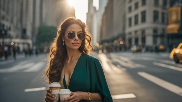 Une grande jeune femme en forme dynamique marchant des lunettes de soleil tenant un cappuuccino élégant à New York