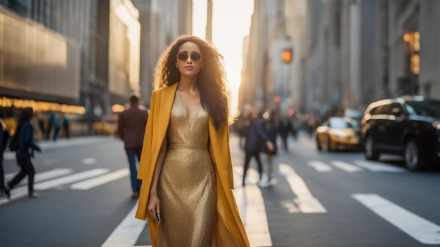Une grande jeune femme en forme de lunettes de soleil marche robe style cheveux parfait New York City