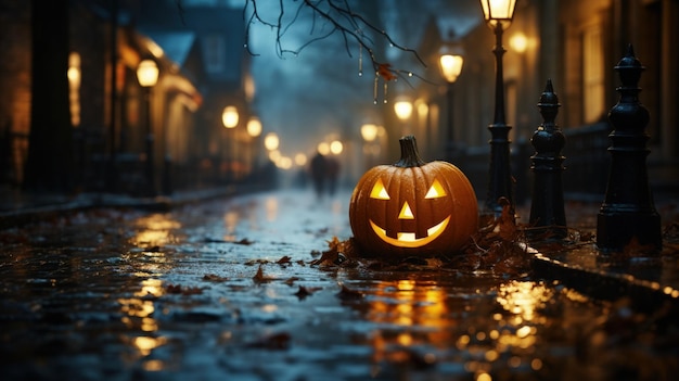 Grande lanterne jack à tête de citrouille d'Halloween avec des yeux brûlants dans la rue de la ville de nuit sous la pluie Histoires d'horreur pour Halloween