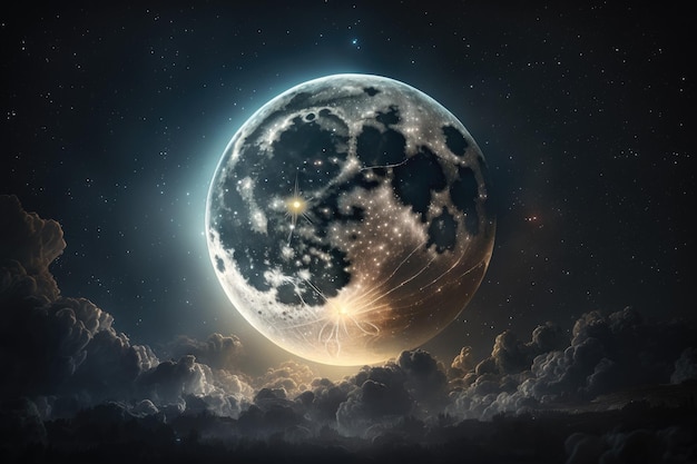 Grande lune dans le ciel nocturne Illustration AI Generative