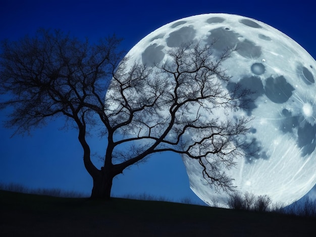 Grande lune derrière un arbre sec