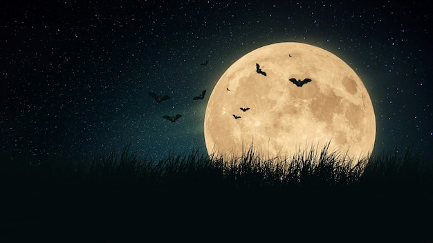 Grande lune effrayante avec des chauves-souris dans un champ d'herbe la nuit. fond d'écran Halloween
