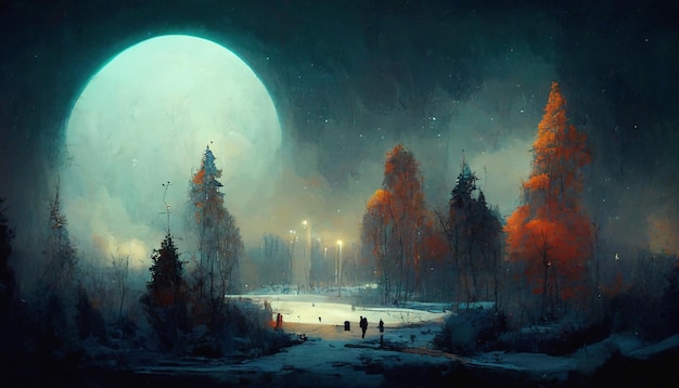 Grande Lune La Nuit Ciel étoilé Hiver Forêt Temps Neigeux Noël Nature Paysage Art Abstrait