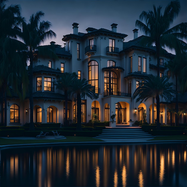 Une grande maison blanche avec des palmiers devant elle.