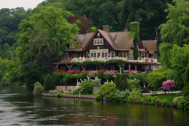 Une grande maison sur une colline verte et luxuriante