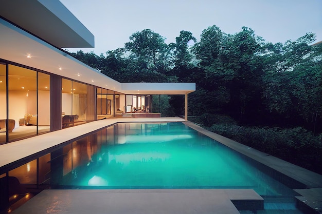 Une grande maison avec une grande piscine et une grande fenêtre avec vue sur les arbres.