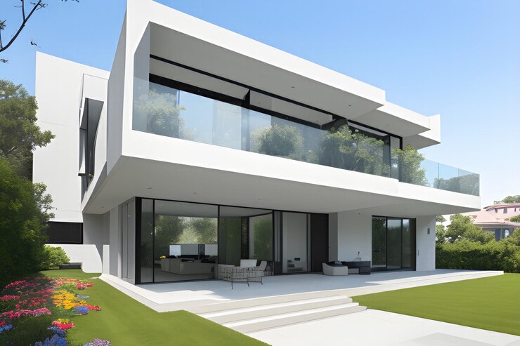 Photo une grande maison moderne avec un grand balcon et une grande pelouse