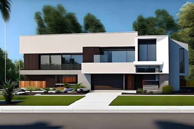 Une grande maison moderne avec un grand balcon et une grande pelouse