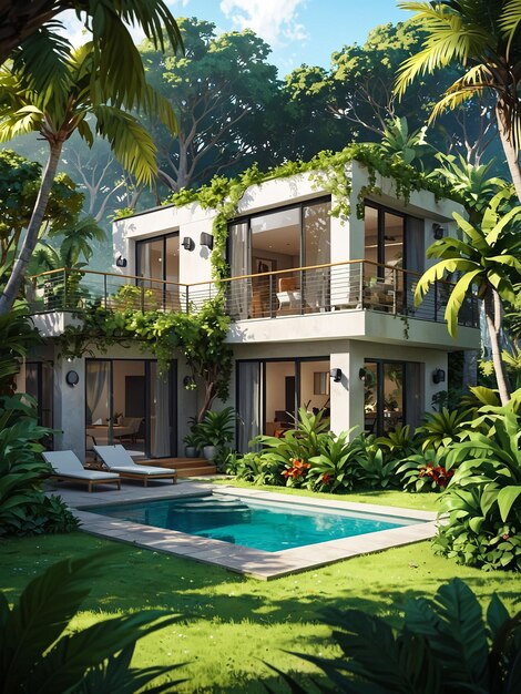 Une grande maison avec une piscine et entourée d'arbres tropicaux