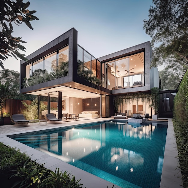 Une grande maison avec une piscine et une piscine dans le jardin.