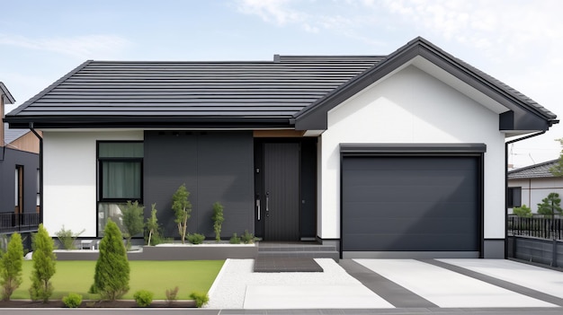 Une grande maison avec un toit noir et un revêtement blanc