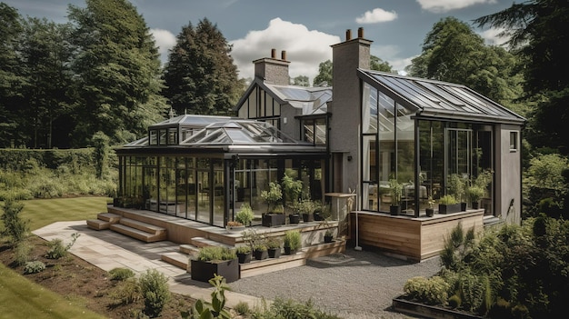 Une grande maison avec un toit en verre et un grand jardin.