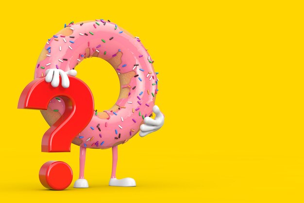 Grande mascotte de personnage de donut glacé rose fraise avec signe de point d'interrogation rouge sur fond jaune. Rendu 3D