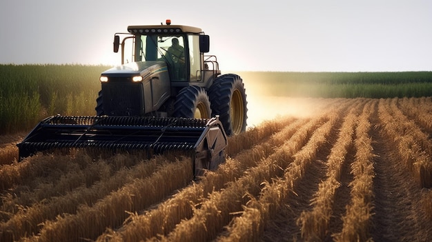 Une grande moissonneuse en fonctionnement dans un champ agricole généré par l'IA